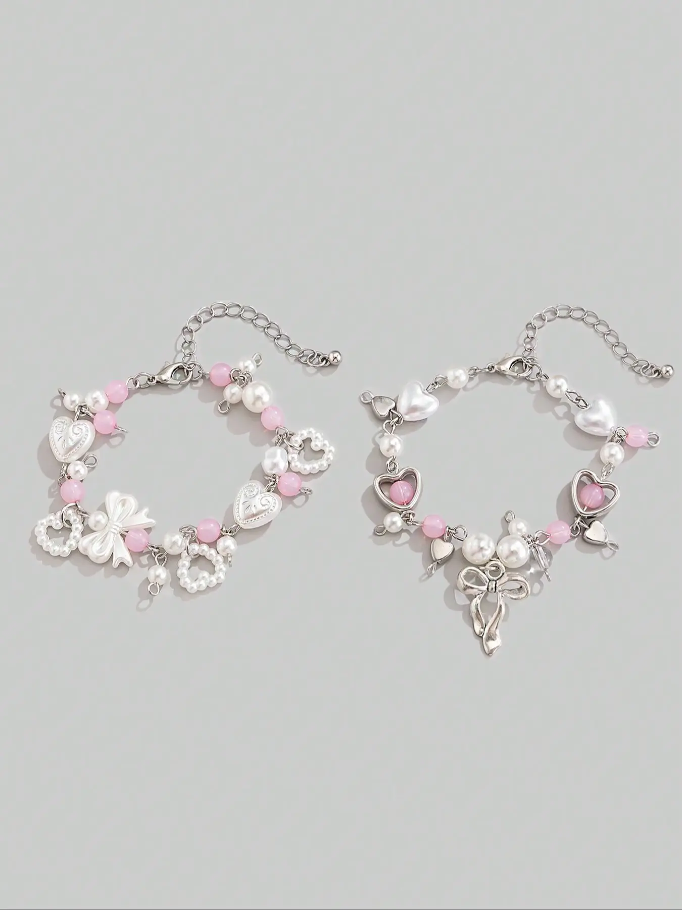 Mother's Day Gift Cute Sweetheart Bow Pendant Imitation Pearl Pretty Bracelet Set, Beautiful Bracelets, Festive Gift Set, Faux Pearl Jewelry, 2 Pieces for Friends Couples Gift, Perfect Valentine's Day Present