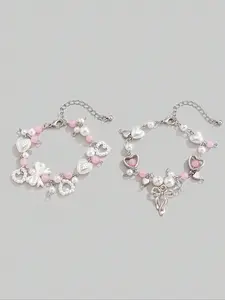 Cute Sweetheart Bow Pendant Imitation Pearl Pretty Bracelet Set, Faux Pearl Jewelry, 2 Pieces for Friends Couples Gift, Perfect Valentine's Day Present