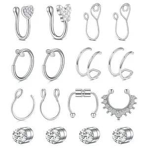 D.bella Punk Magnetic Nose Rings Set Fake Nose Ring Hoop Clip On Faux Nose Ring Earrings for Men Women Non-Piercing Hypoallergenic Stainless Steel Daily Wear