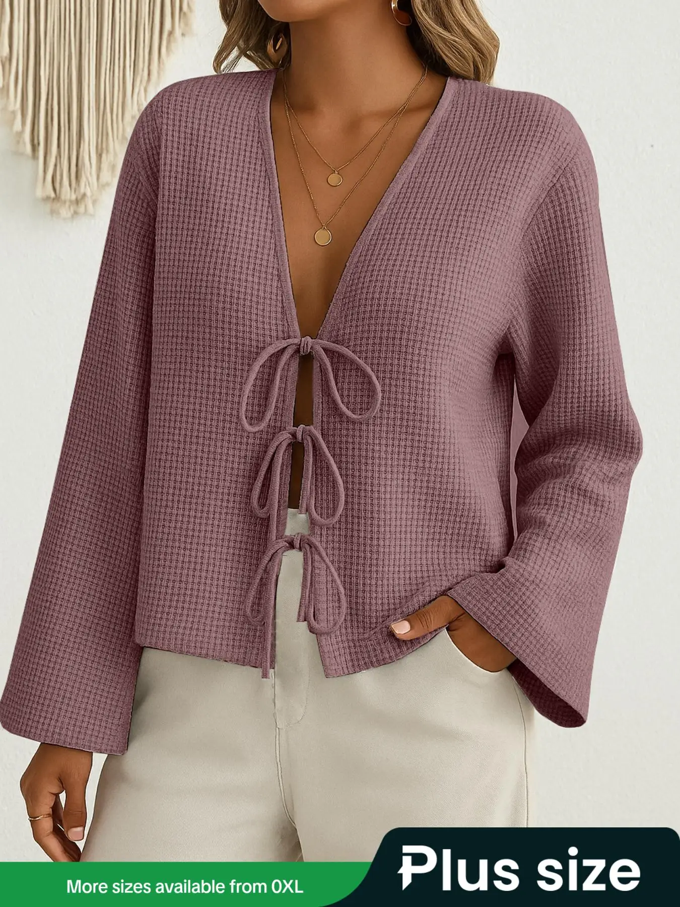 Plus Size Women's Fall Long Sleeve Plaid Cardigan, Casual Textured Knit Pullover with Tie Front, Daily Wear, All Seasons Fashion, Tops, Womenswear