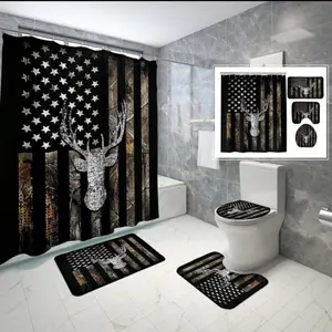 4pcs American Style Vintage Deer Head Shower Curtain Set, Soft & Comfortable Polyester Fabric, , Durable, Non-Fading, Unique & Stylish Black & White & Brown Tone Collage Of American Flag & Deer Head Pattern Square Polyester Fiber Shower Curtain, Waterproo