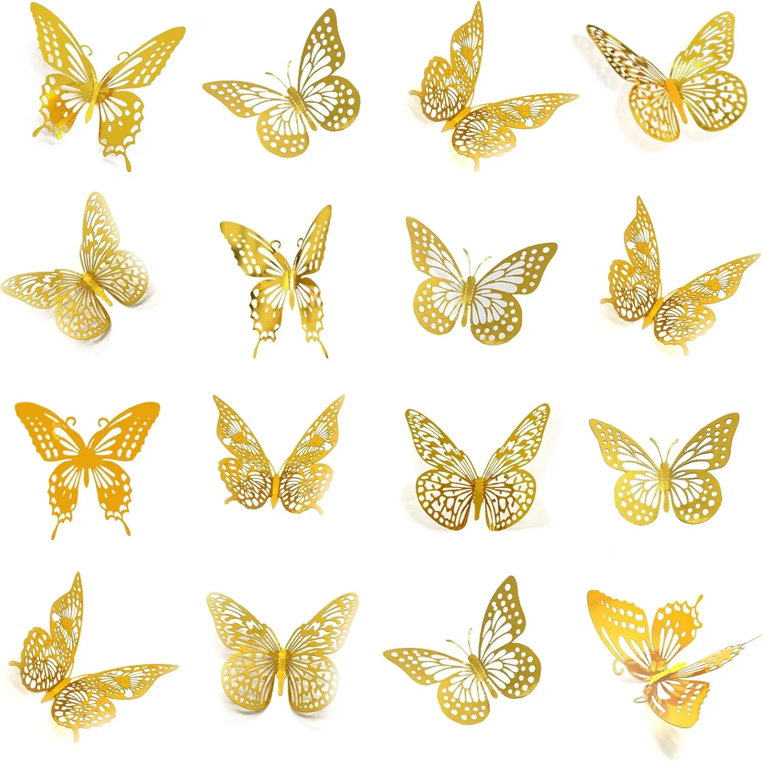 3D Butterfly Wall Decor 48Pcs Gold Removable Stickers Party | Gold metallic, 4 styles 3 sizes (8/10/12cm), self-adhesive, foldable 3D wings, wall, window, bedroom, wedding, party