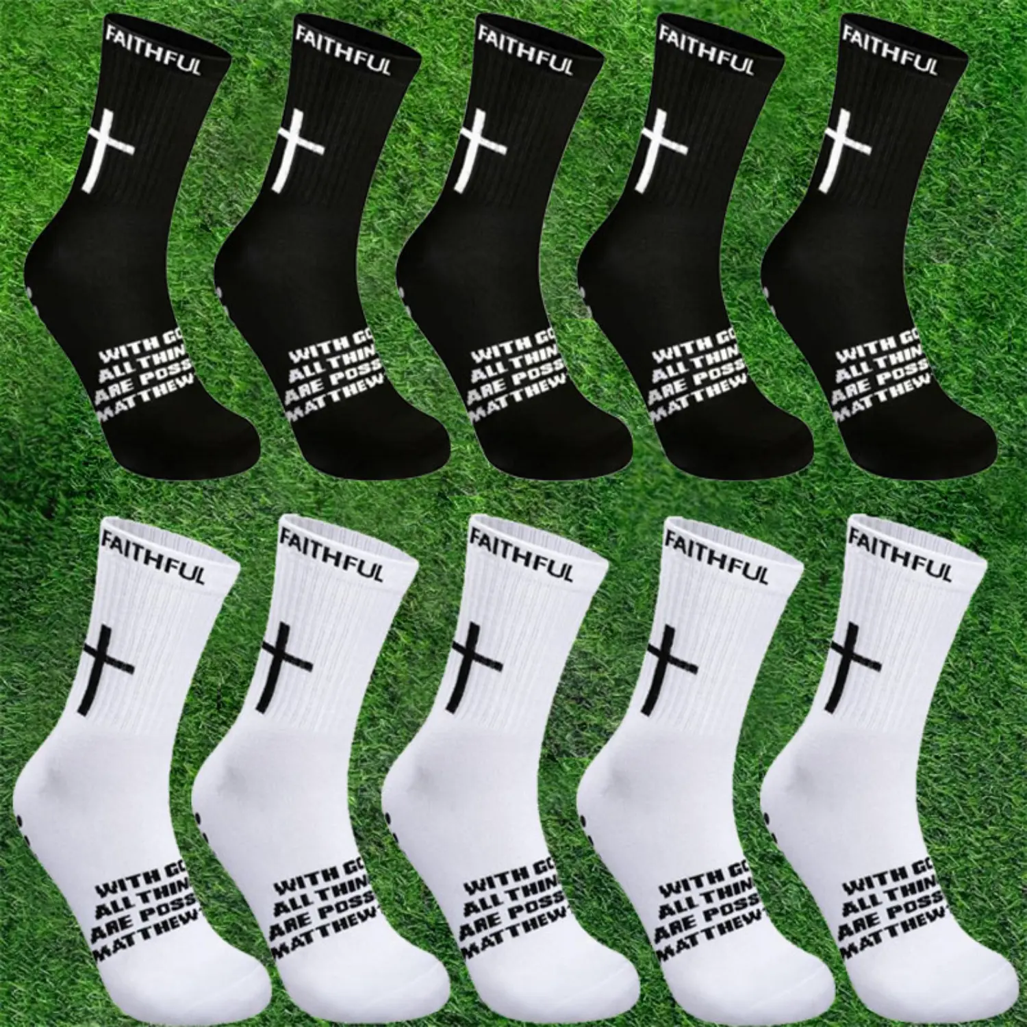Women's Knee-High Grip Socks, 2/4/6 Pairs French Terry Workout Socks with Anti-Skid Soles and Cross Bible Verse Print, Anti Slip Socks