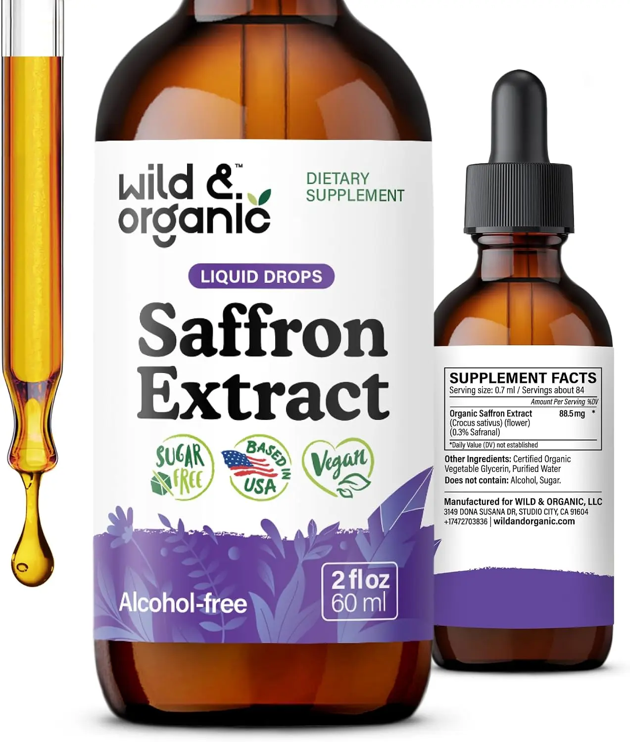 Wild & Organic Saffron Supplements 88.5 mg - Mood, Brain & Vision - 2 oz | Liquid Saffron Drops - Add to Tea - Crocus Sativus Herb Extract - No Sugar & Alcohol-Free Tincture - Plant-Based, Natural
