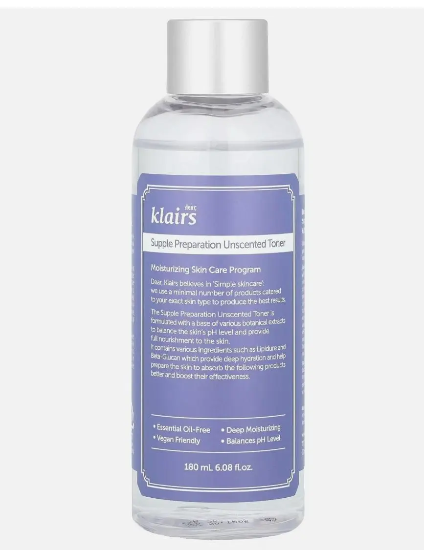 Dear Klairs Supple Preparation Unscented Toner 180ml - Essential Oil-Free Vegan Friendly Deep Moisturizing Balances pH Level for Sensitive Skin