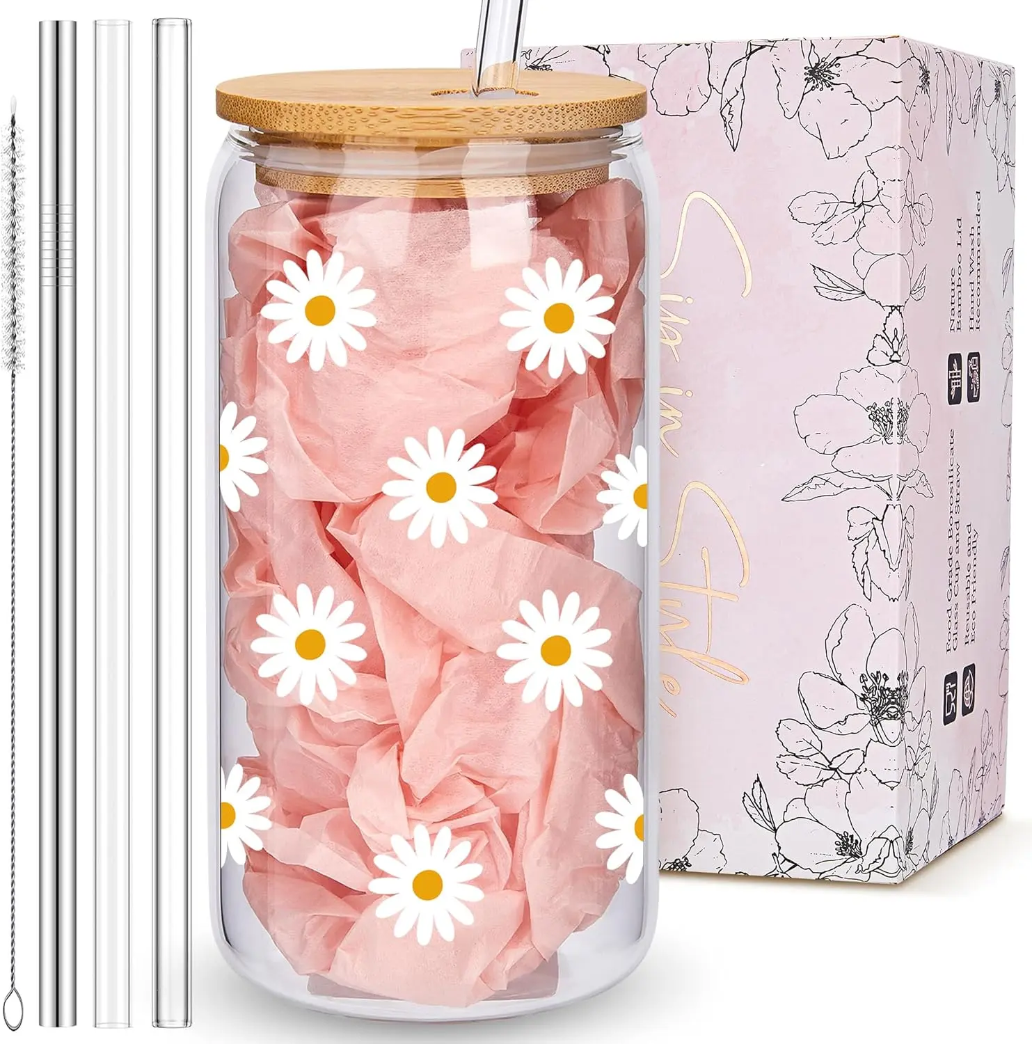 Cute Glass Cups with  and Straws, Daisy Design Iced Coffee Cup, Aesthetic Mug Tumbler for Women, Flower Drinking Glasses, Birthday Valentines Christmas Mothers Day Coffee Lover Gifts for Women
