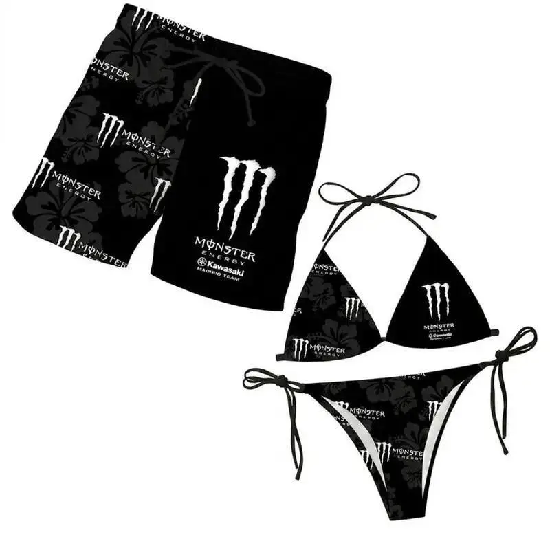 Monster Energy Couple Swimsuit Set – Women's Floral Bikini, Men's Beach Shorts, Tropical Hawaiian Summer Vacation Pool Party Outfit