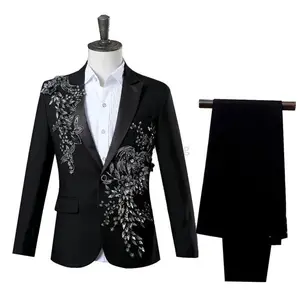 Elegant appliqued slim-fit men’s two-piece formal tuxedo suit with bow tie—blazer and pants—suitable for weddings, proms, menswear, workwear, long sleeves, plain business-casual outfits.