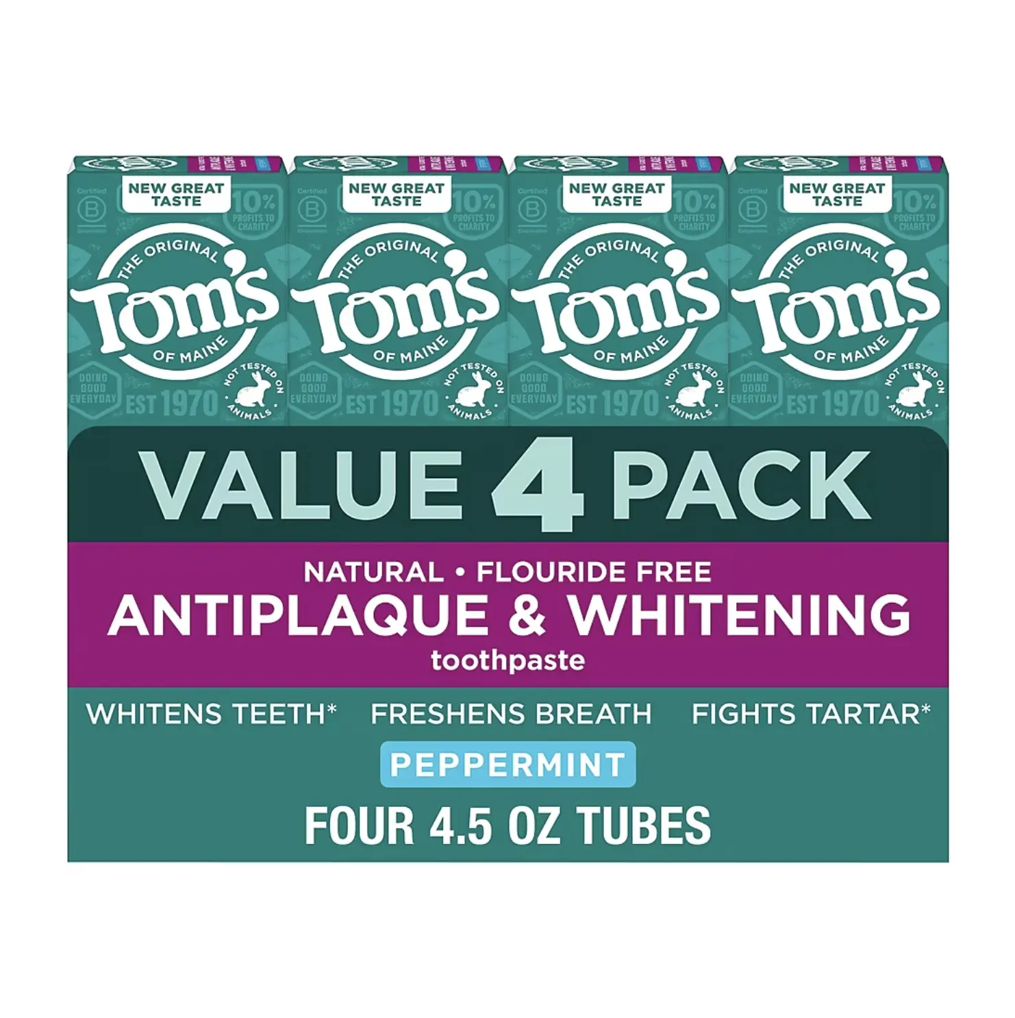 Tom's of Maine Antiplaque and Whitening Fluoride Free Mint Toothpaste, 4 pk 4.5 oz