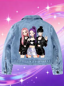 Girls' K-Pop Theme Denim Jacket, Cute Rock Idol Group Print Short Jean Jacket, Toddler School Performance Casual Wear