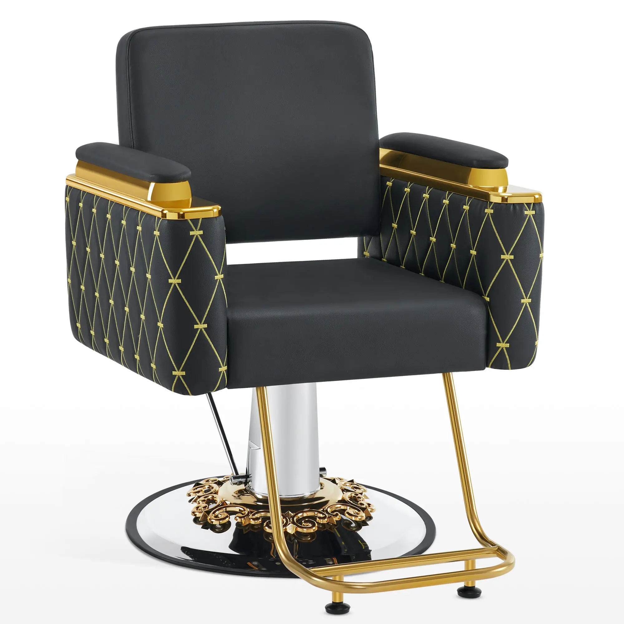 BarberPub Gold-Black Barber Salon Chair - Hydraulic Reclining Hairdressing Chair, Commercial Salon Furniture Model 8633, Barber Salon Chairs, Reclining Barber Chair