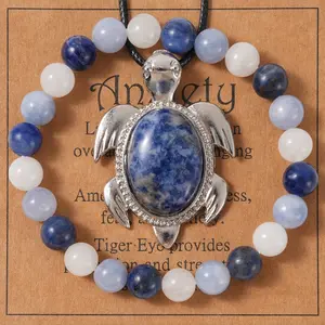 2Pcs Bue Jewelry Set - Turtle Pendant Necklaces with Lapis Lazuli White Turquoise Beaded Bracelets Set, Fashion Jewelry for Men & Women Daily Wear, Parties And Vacations (with Wish Card)