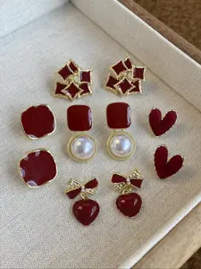 Vintage Elegant Heart Bow Drop Earrings Set, Earring Stacks, Geometric Oil Velvet Earings for Women, Daily Commute Holiday Party New Year Wear, Heart Shape Earrings