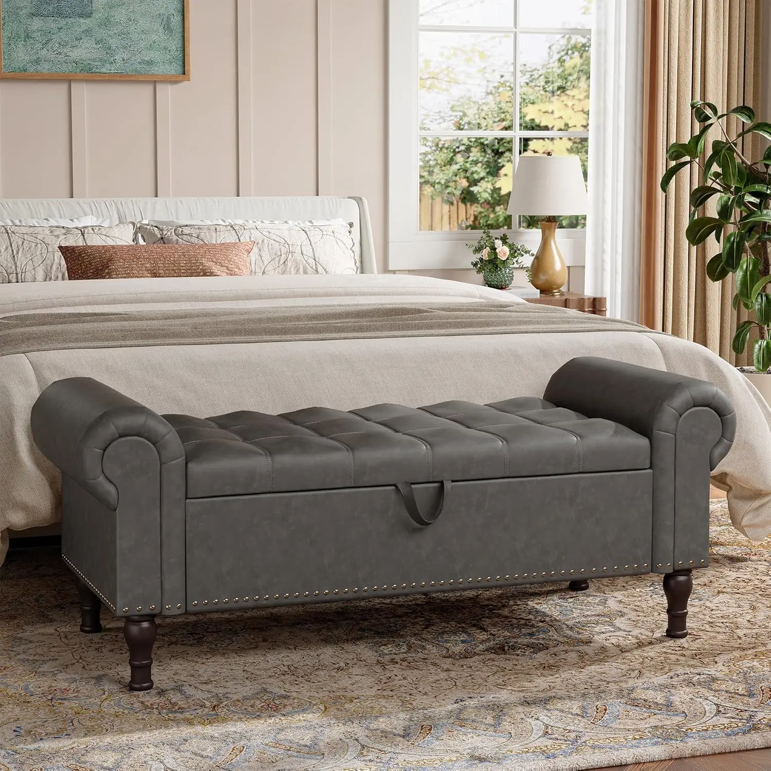 【Summer Sale】UDPATIO Storage Bench for Bedroom, 51/60" Queen/King Size Storage Bench, Cushioned Stool Upholstered Bedroom Bench with Rolled Arms and Vintage Rivets for Living Room, Storage Room, Entryway Spring Greenish
