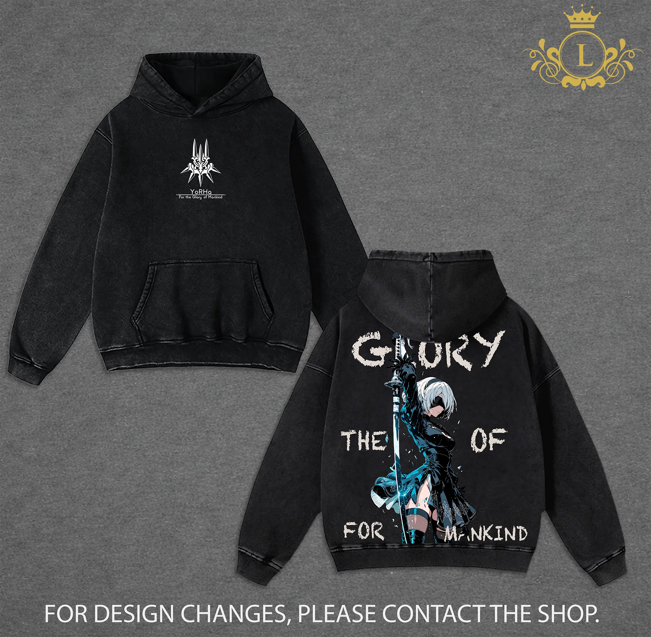 NieR Automata 2B “For the Glory of Mankind” Anime Double Printed Vintage Washed Hoodie Unisex Oversize Anime Manga Washed Heavyweight Cotton Hoodie