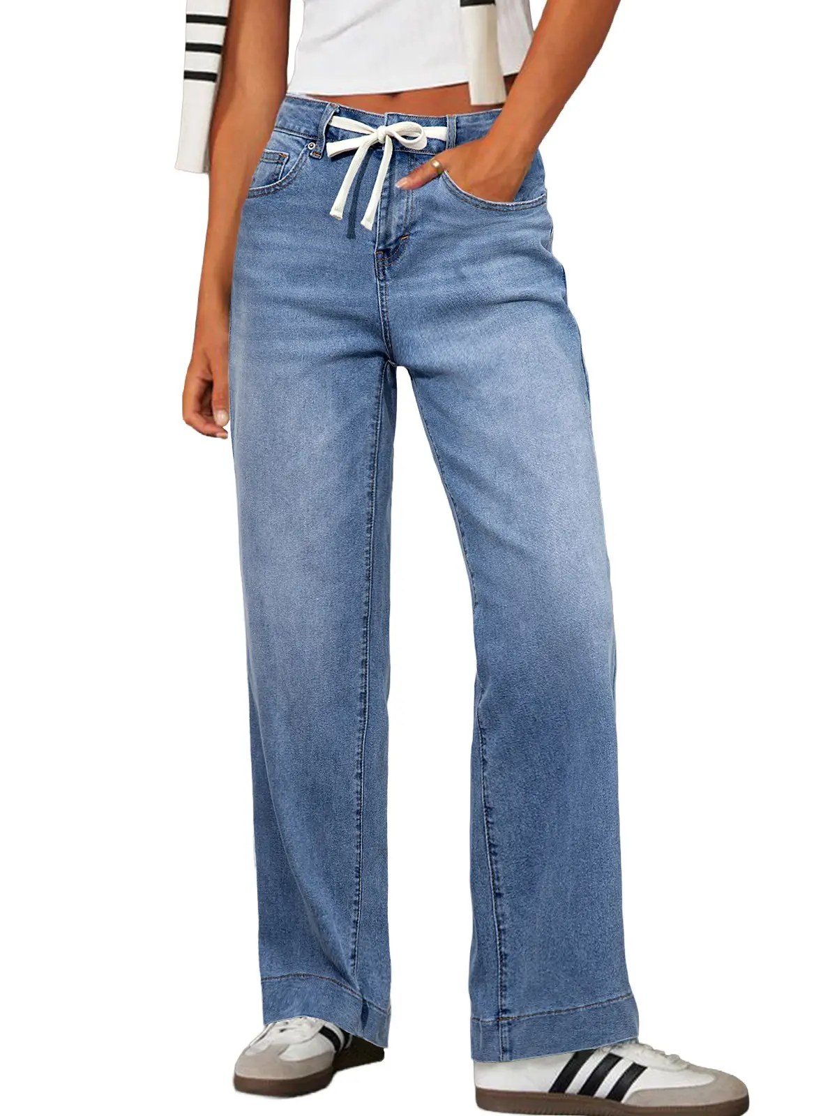 Sidefeel Women's Wide Leg Jeans High Waisted Stretchy Straight Leg Baggy Drawstring Zimbaplatinum Denim Pants DealsForYouDays summerwins WeeklyDeals Summer Outfit