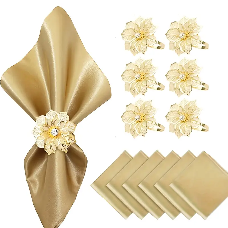 6pcs  Cloth Napkins and 6pcs Napkin Rings, Set of 12, 17x17 Square Satin Dinner Table Napkins Rings Flower Christmas Napkins Bridal Shower Wedding Cocktail Napkins for Wedding Reception Party Decorative (Gold, white, champagne)