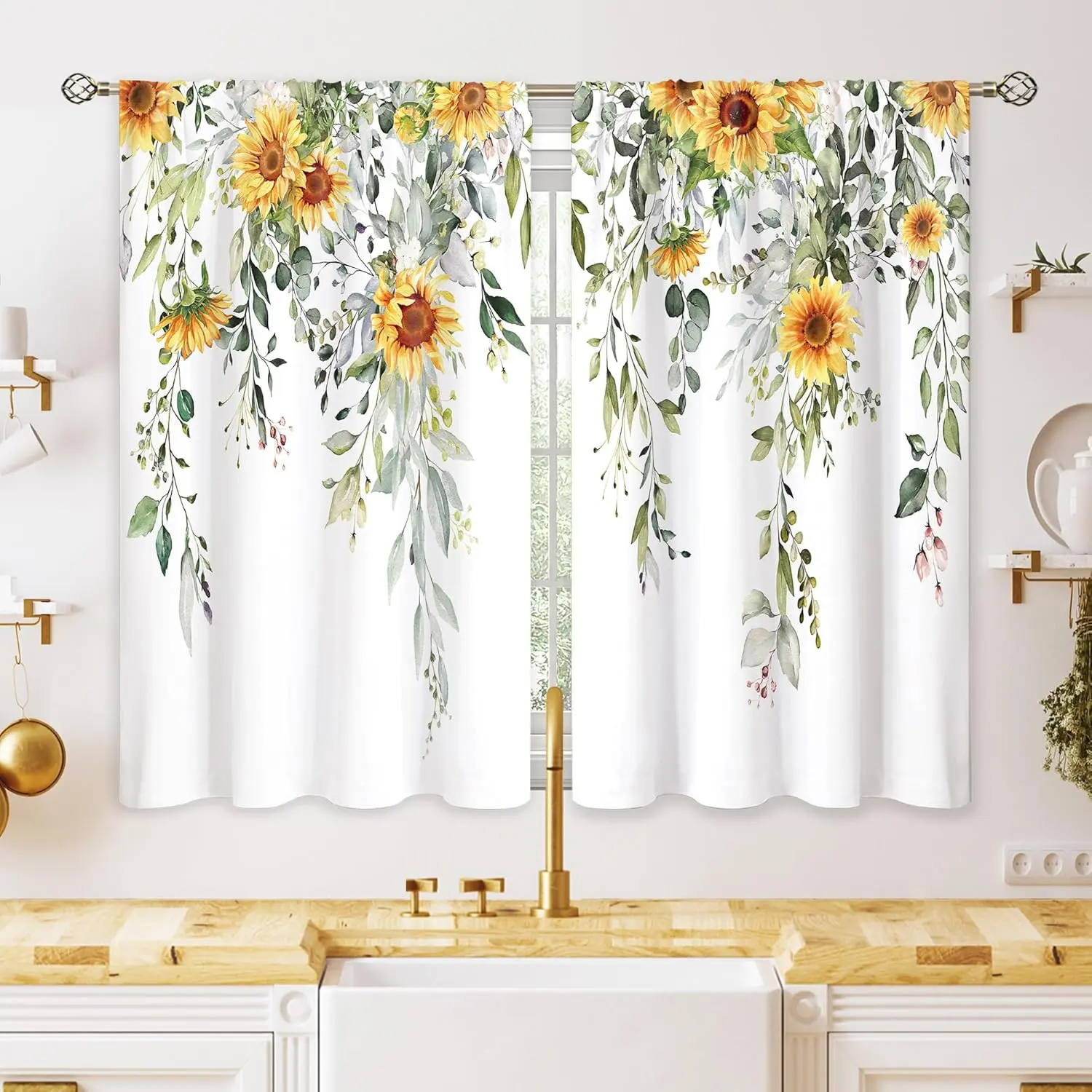 Farmhouse Style Home Colored Cafe Curtains - Wrinkle Resistant, Sunflower Motif/Botanical Drapes, 2 Panels, Room-Darkening, 01-Yellow/02-Sage Green, 27.9x39 in Tier Treatments for Kitchen Small Windows