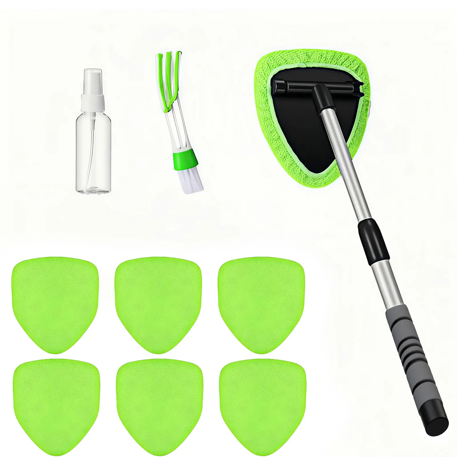 10PCS Windshield Cleaner Tool Kit - Automotive Interior Surface Cleaner with Telescopic Extendable Handle, Rotatable Head, 7 Microfiber Pads, 1 Spray Bottle, 1 AC Brush, Plastic & Rubber Care for Cars, Home Windows, TV Screens, Microfiber Cloth, 180° Rota