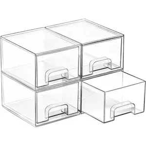 4 Pack Small Clear Stackable Storage Drawers,Acrylic Bathroom Makeup Organizer,Plastic Storage Bins For Vanity, Undersink, Kitchen Cabinets, Pantry, Home Organization