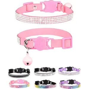 Cat Collars for Girl Cats with Rhinestone Soft Velvet,Breakaway Cat Collars with Bell,Adjustable Safe Kitten Collar (Pink)