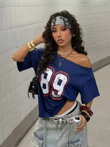 Women's Asymmetrical Shoulder T-Shirt, Loose Fit, Graphic Print, Casual Style, Spring & Fall Fashion, 89 Number Design, Top