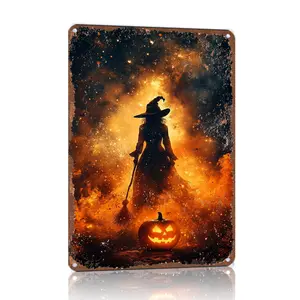 8x12 in Retro Vintage Halloween Witch With Broom Pumpkin Aluminium Metal Sign - Halloween-Themed Witchcraft Home Sign, Home Decor Plaque, Spooky Fire Art Print for Party Decor, Halloween-Themed Home Signs