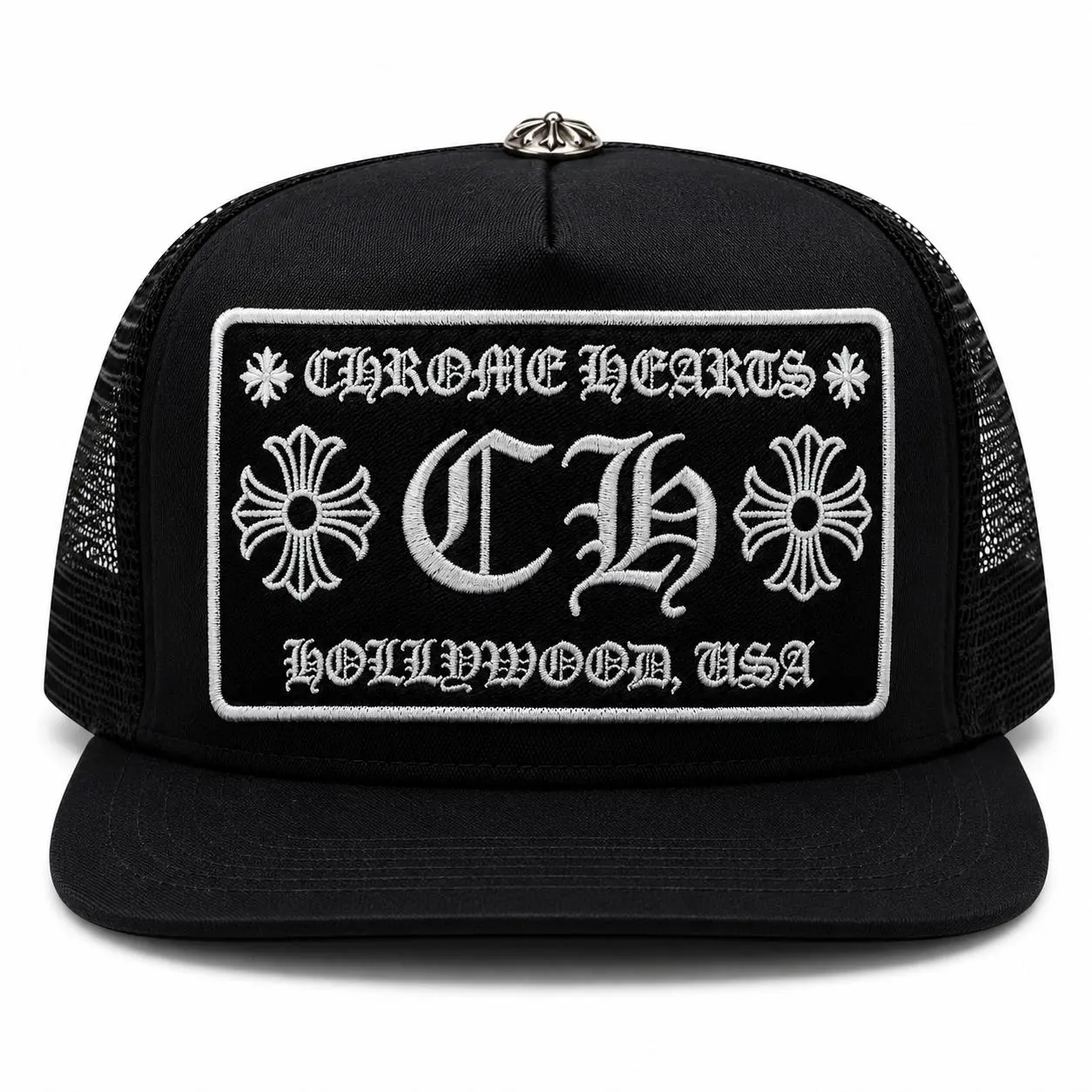 Chrome Hearts Hollywood USA Trucker Hat with Embroidered Logo and Floral Design