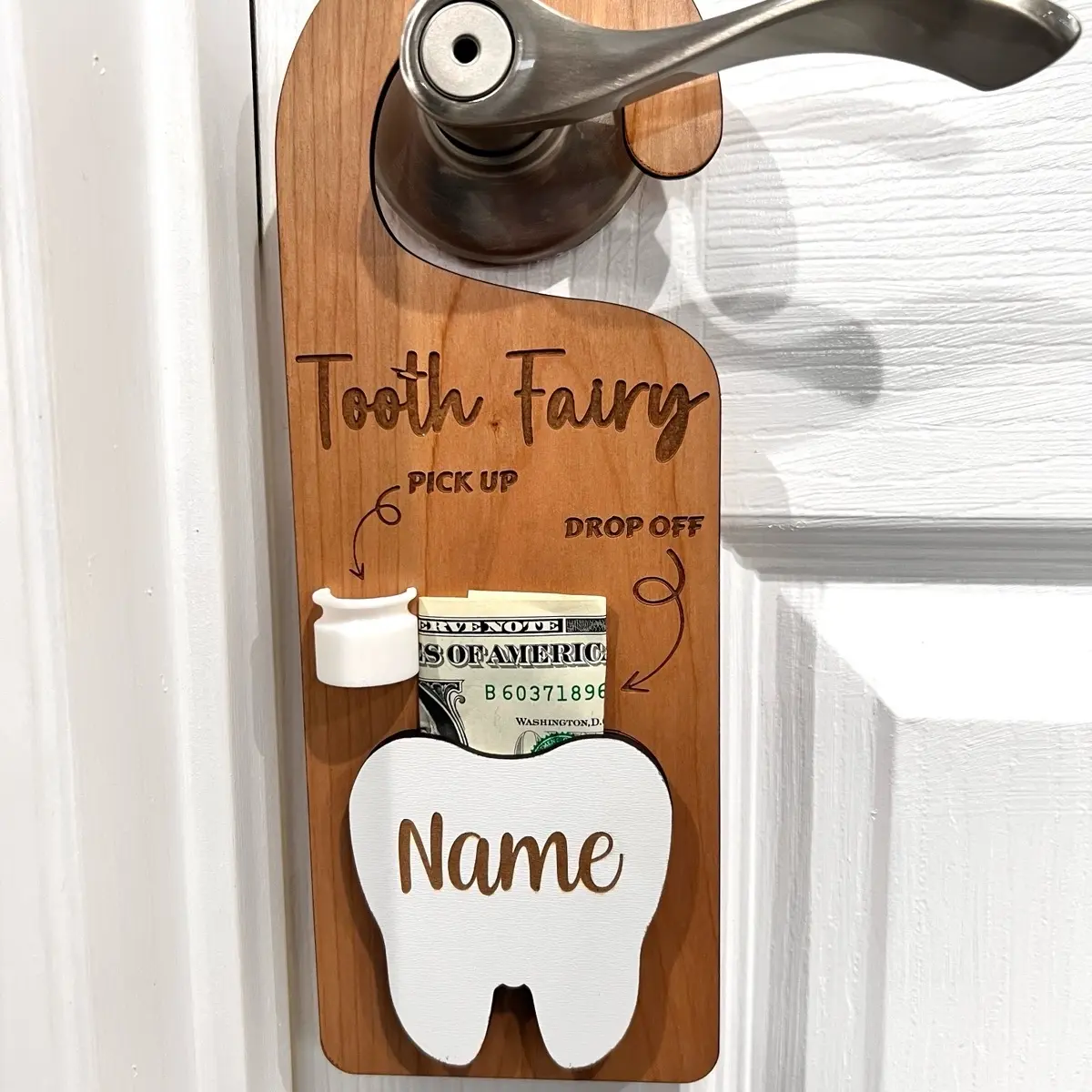 Engraved Wooden Tooth Fairy Door Hanger with Door Hook - 10" x 3.5", Customizable Name, Hanging Parent-Child Home Organizer for Bedroom Jar Storage