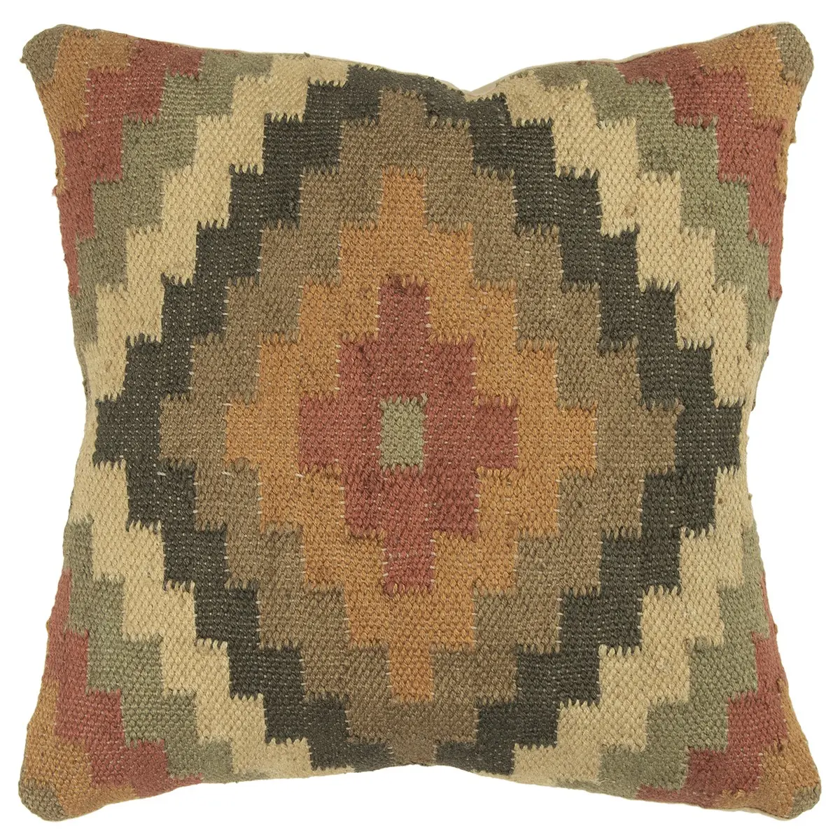 Handcrafted Fluffy 360-Stand Kilim Print Down-Filled Square Throw Pillow - Flat Woven Home Decorative Cushion, Brown & Beige Earthy Tones, Boho Vibe