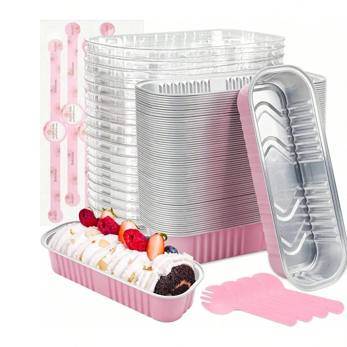 Mini Toast Molds Set with Lid and Spoon, Aluminum Foil Rectangular Baking Cups, 6.8 Oz, Portable Party Dessert Supplies, Bakeware, Baking Tools, Baking Essentials, Kitchen, Kitchenware