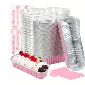 Mini Toast Molds Set with Lid and Spoon, Aluminum Foil Rectangular Baking Cups, 6.8 Oz, Portable Party Dessert Supplies