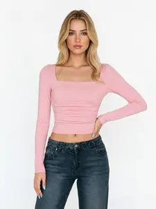Women's Basic Solid Color Square Neck Low Cut Long Sleeve Slim Fit Waist Cinching Lady Top, Casual Fashion for All Seasons, Daily Wear Commute