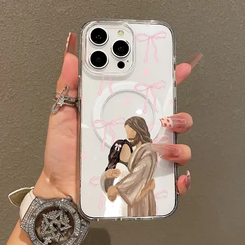 MagSafe Magnetic Snap-On Casing Cover for iPhone 11-17 Pro Max (Including iPhone 15), Pink Jesus Hug Aesthetic Design, Ultra Slim TPU Acrylic Shockproof Resistance Accessories with Light Yet Tough Protection