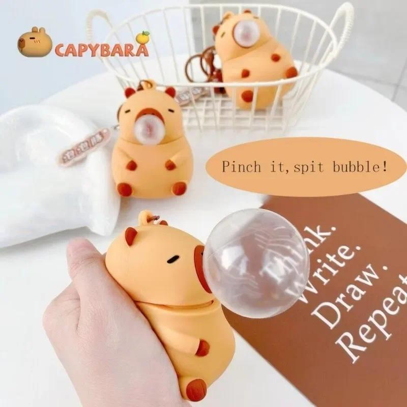 Capybara Doll Pinch Music Keychain Toys Squeeze Spit Bubble Decompression Toy Children's Schoolbag Doll Pendant Decoration