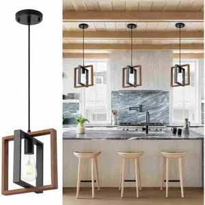 9.5-inch Industrial Small Pendant Lighting, Farmhouse Kitchen Island Hanging Lamp with Cord Wood+Metal,1 Light E26 Fixture for Dining Room Bedroom Hallway entrance way, with a wooden frame, Without a light bulb