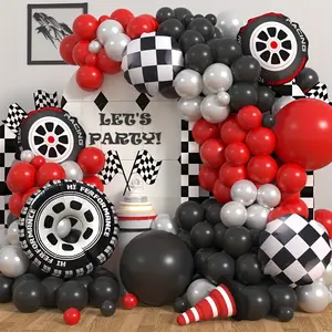 109pcs Racing Party Balloon Set Featuring Black and White Checkered Tire Hub Foil Balloons, Suitable for Baptism Decorations, Racing-Themed Parties, Birthday Party Decorations, and More, No Power Source Required