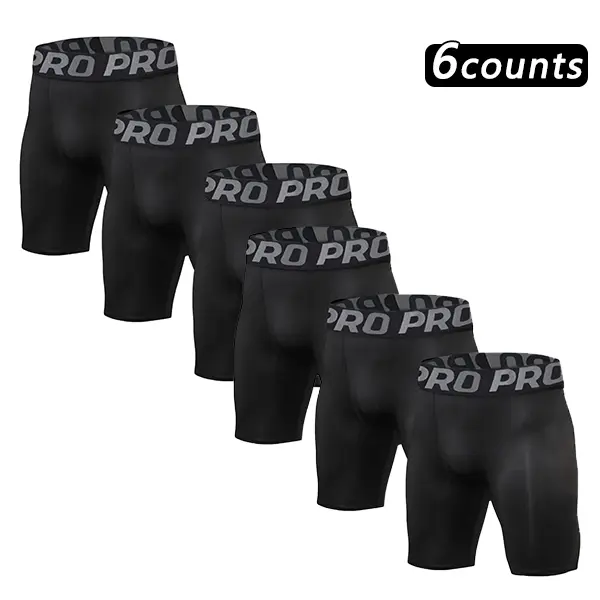 Male 6-Pieces Multi-Sport Compression Shorts with "PRO" Print, Polyester Blend Base Layer, Quick-Dry Stretch Fabric, Tight-Fitted for Gym, Running, Basketball, Solid Pattern