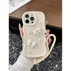 Phone Case - A Cream-Colored Macaron Big Wave Bow Phone Case, Paired with a Easy Fabric Strap, Minimalist And Stylish, Suitable for Various Phone Models Including Iphone 11, 12, 13, 14, 15, 16, And Samsung A51, A52, A53, A54, A55, A56, S20, S21