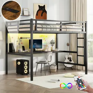 [Bellemave]Metal Full Size Loft Bed  with Power Outlet and LED Lighted, Space-Saving, Noise Reduced, Black
