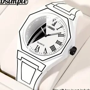 Quartz Watches for Men -1pc Modern Cartoon Minimalist Unisex Mens Watch, Silicone Strap, Black & White Dial with Geometric Patterns, Casual Watches for Men & Women, Special Occasions, Everyday Timepiece - Christmas, Halloween Gift, Reloj Para Hombre.