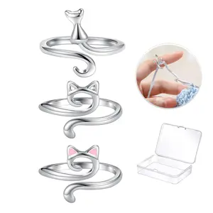 Crochet Rings for Crocheting Adjustable Tension Ring with Cat Yarn Guide Knitting Accessories 3Pcs Silver Alloy Hook Design for Women