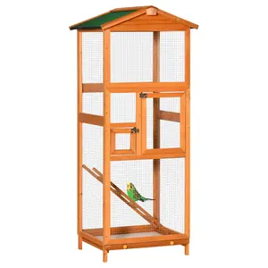 PawHut 65" Wooden Bird Cage Outdoor Aviary House for Parrot, Parakeet, with Pull Out Tray and 2 Doors, Grey