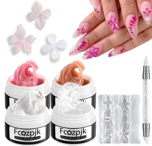 Fcozpjk Hard Gel for Nails, 4 Colors Solid Builder Gel Kit with Silicone Carving Mold Clear Pearly White Brown Nude Pink 3D Sculpting Gels Flower Charms DIY Modeling Design Nail Salon Supplies