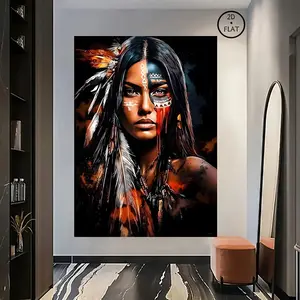 1pc Wooden Frame Canvas, Native A'merican Girl, Indian Art Print, Indian Girl, Beautiful Woman,Feathered Indian Decor,  Warrior, Indian Heritage Month, Suitable for Living Room Bedroom Home Wall Decoration