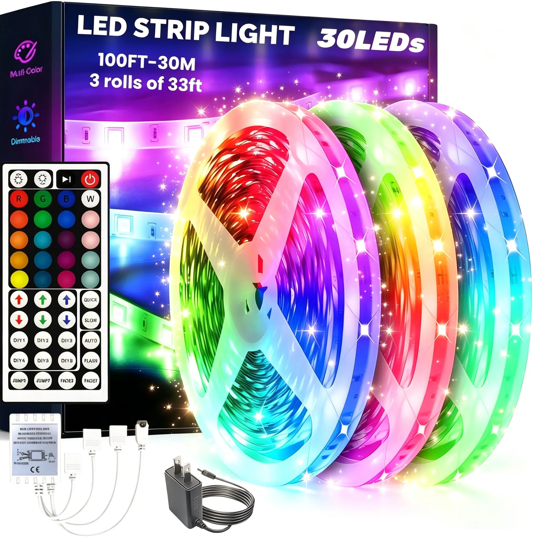 LED Strip Lights 100ft 30LEDs/M Ultra Long Light Strips with IR Remote Control, RGB Color Changing Flexible Tape Lights for Bedroom, Kitchen, Living Room, Party, Christmas, Wedding, Ceiling, Home Decoration (100FT/32.8FT)