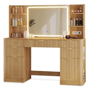 Sikaic 51.2 Inches Fluted Makeup Vanity with Mirror & Lights Oak Finish for Elegant Bathroom Decor 5 Drawers 6 Shelves 2 Cabinets High-Density MDF Construction