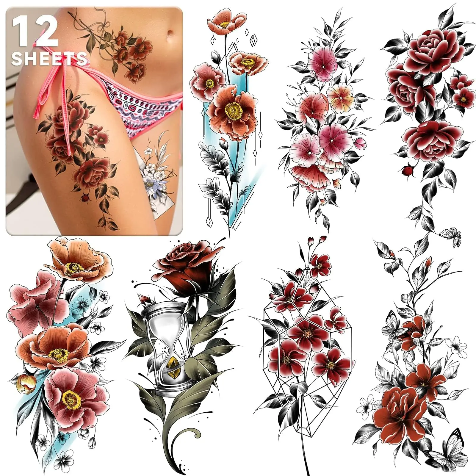 Half Arm Colorful Flower Fake Tattoos, 12 Sheets Large Temporary Tattoos Stickers for Women, Temporary Tattoo Sleeves for Women and Girls Arm Shoulder Leg Back campingessentials