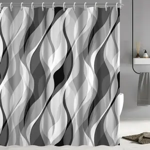 Grey Shower Curtain, Modern Abstract Black and Grey Striped Shower Curtain Set for Bathroom Waterproof White Gray Shower Curtain with Hooks, 72x72 Inch