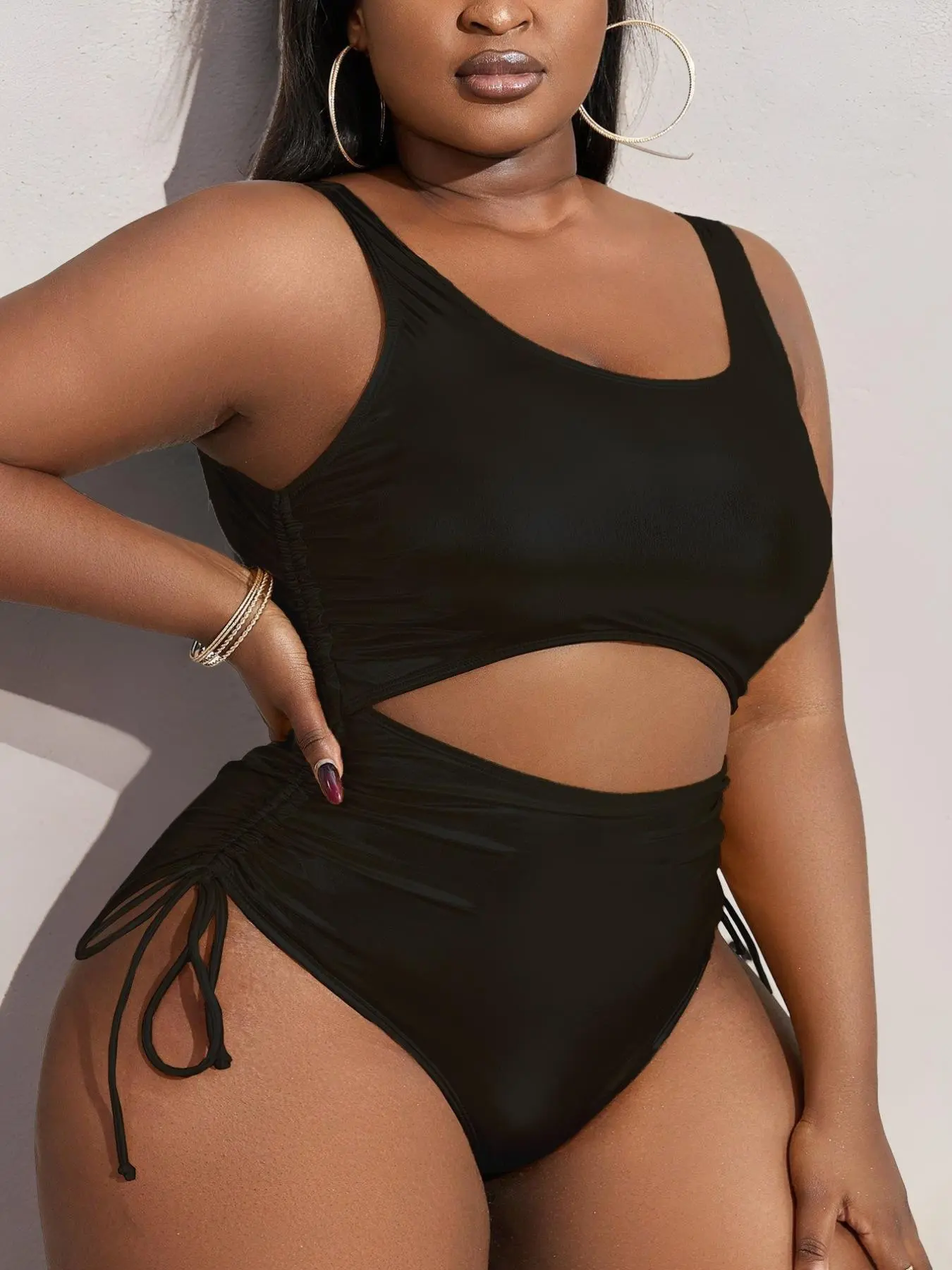 Women's Plus Size New Hollow Out Tie String Sexy Bodycon One-Piece Swimsuit, Perfect for Beach Vacation, All Seasons Casual Fitted Swimwear, Swimsuit Sculpting Cutout, Sculpt Shaping Swimsuit